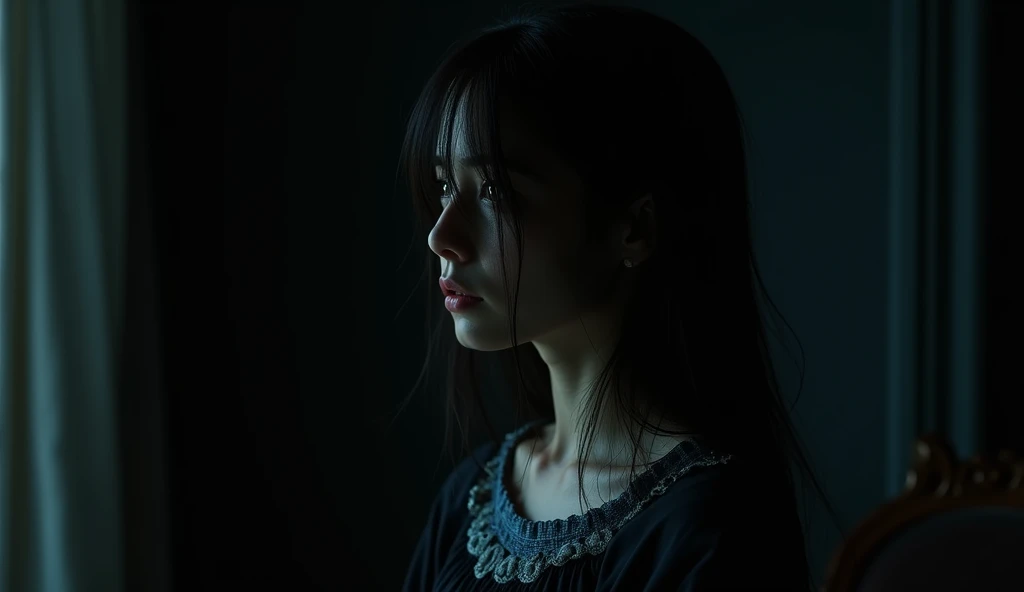 Side lighting, indoors, night, dim lighting, side profile view of a scared woman's upper body, focusing on the head and shoulders. The woman has long and straight, dark messy hair cascading down her face, creating a sense of mystery or sadness. The lighting emphasizes the dark tones of the hair, while softer light highlights the woman's pale skin. She is wearing a dark, ruffled garment, with light blue and white accents visible around the neck and chest area. The ruffles and delicate fabric give a sense of fragility and tenderness, contrasting with the darker, somber atmosphere. black background