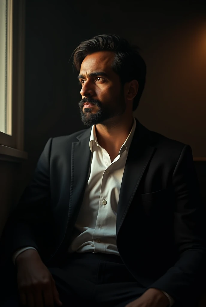 A Bangladeshi man setting in a cinematic lighting room.
He wearing black suit and white shirt.