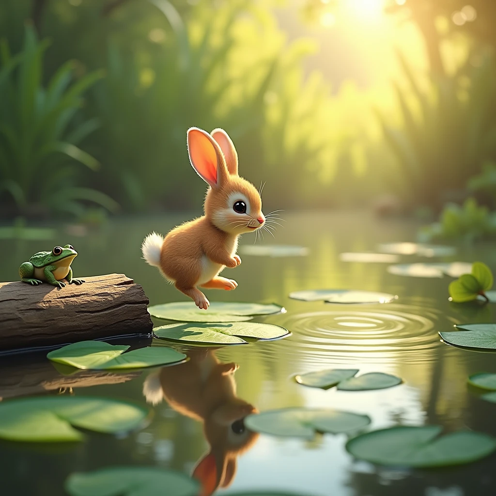 sunny day, little brown bunny jumping over lily pads, frog on a log