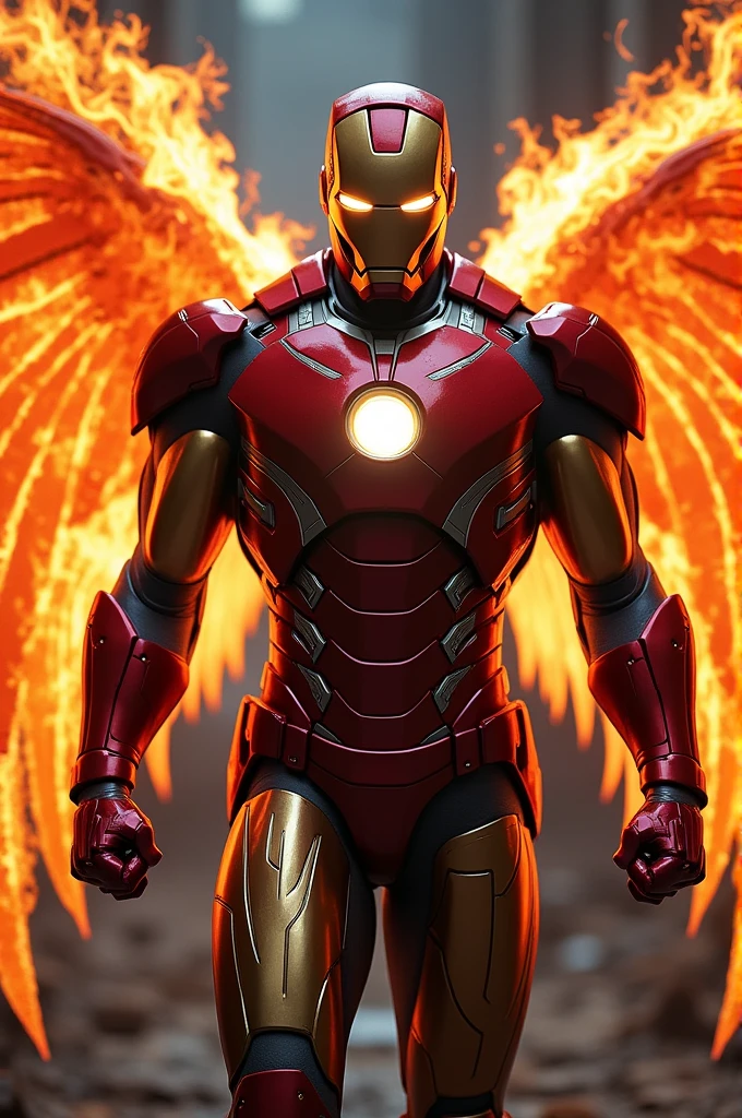 1. **Main Subject**: The image features a humanoid figure wearing a suit of advanced, metallic armor, reminiscent of Iron Man's design, with a sleek and glossy finish.
2. **Armor Color**: The armor is primarily red, with darker shades accentuating the details and contours of the suit, giving it a polished, almost reflective surface.
3. **Eyes and Arc Reactor**: The helmet has glowing, narrow eye slits emitting a bright, intense yellowish-orange light, giving the figure a menacing appearance. The chest has a prominent circular arc reactor, also glowing with a similar bright light.
4. **Wings**: The figure has large, fiery wings extending from its back. The wings are composed entirely of flames, with intricate, feather-like details formed by the fire, radiating intense heat and light.
5. **Fire Effects**: The flames surrounding the figure are dynamic, with varying intensities, giving the wings and armor a fiery, almost celestial appearance. The fire seems to ripple and move, enhancing the sense of power and energy.
6. **Environment**: The background is blurred but suggests a dark, industrial or urban setting with muted tones, making the fiery figure stand out as the focal point.
7. **Lighting and Atmosphere**: The lighting in the image is dramatic, with the flames providing most of the illumination, casting an orange glow on the surroundings. The atmosphere feels intense and powerful, emphasizing the strength and otherworldly nature of the figure.
8. **Pose**: The figure is standing in a powerful stance, with fists clenched and slightly bent at the elbows, suggesting readiness or an aggressive posture.
9. **Overall Theme**: The combination of the high-tech armor with the fiery wings gives the character a blend of technology and mysticism, making it appear as a powerful, almost mythological warrior.