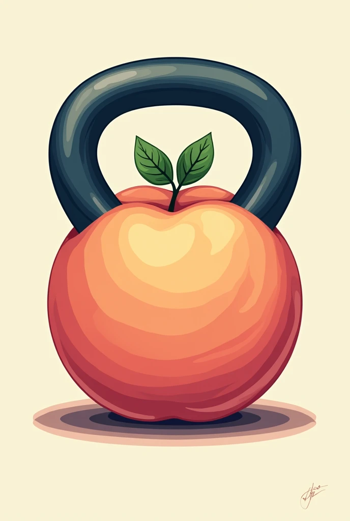 Design a playful T-shirt graphic featuring a kettlebell that is creatively shaped like a peach emoji. The kettlebell should have the classic peach color with a subtle gradient for a realistic look, complete with a small green leaf on top for a finishing touch. The design should be bold and vibrant, with clean lines to ensure it stands out on the shirt. Consider adding a fun and motivational fitness-related slogan or phrase in a complementary font to enhance the overall theme