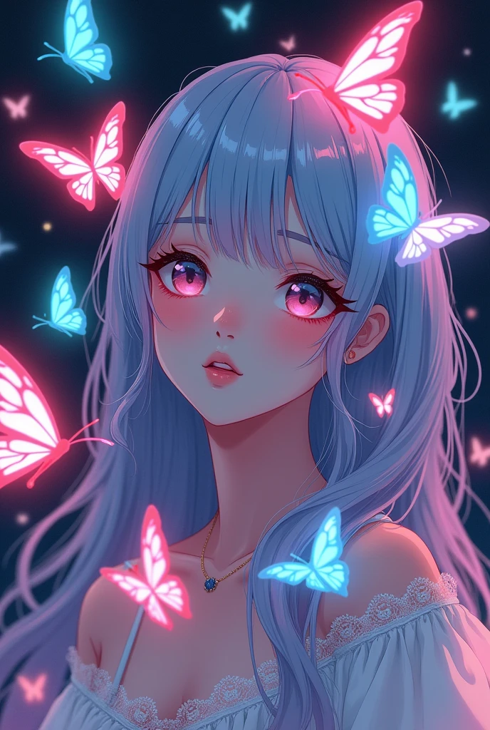 beautiful anime girl with neon butterflies , beautiful, stunning, ultra HD,, ultra hd ,
