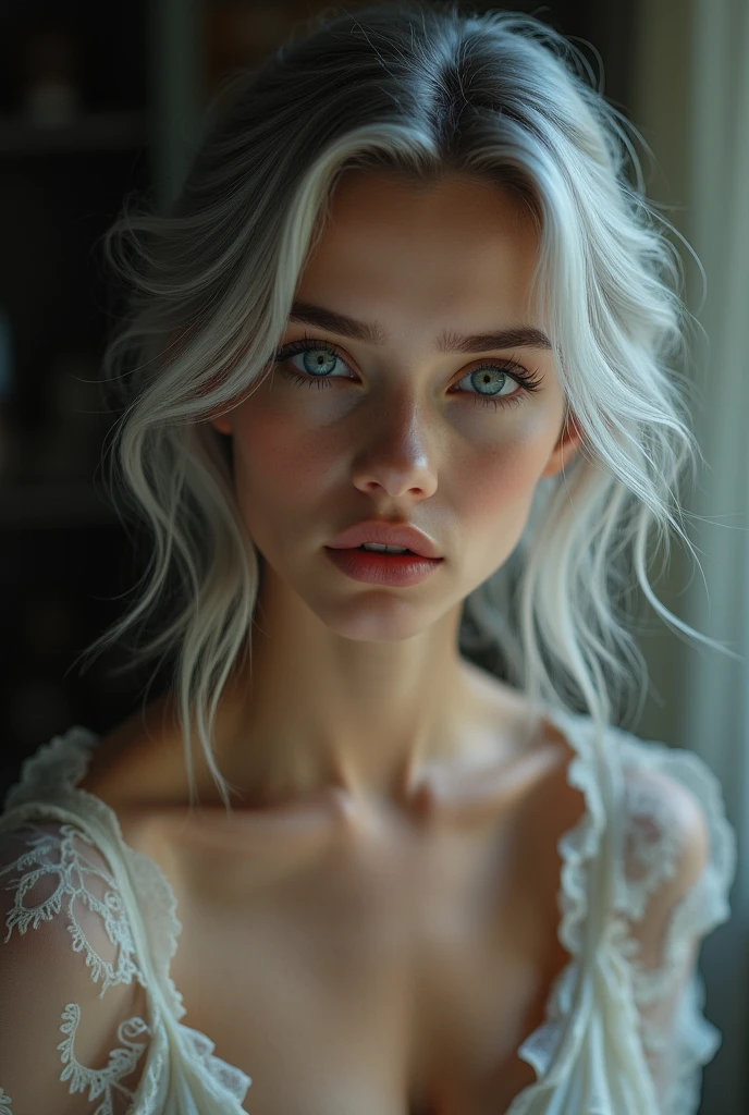 Beautiful girl with white skin, light gray hair, with bright shining eyes, soft, flowing facial features, professional photo, 4K, a high resolution, high detail, aesthetically pleasing, Beautiful, realistic, looks straight into the camera, against the backdrop of a dark living room, (highly detailed skin:1.2), 8k contract, SLR camera