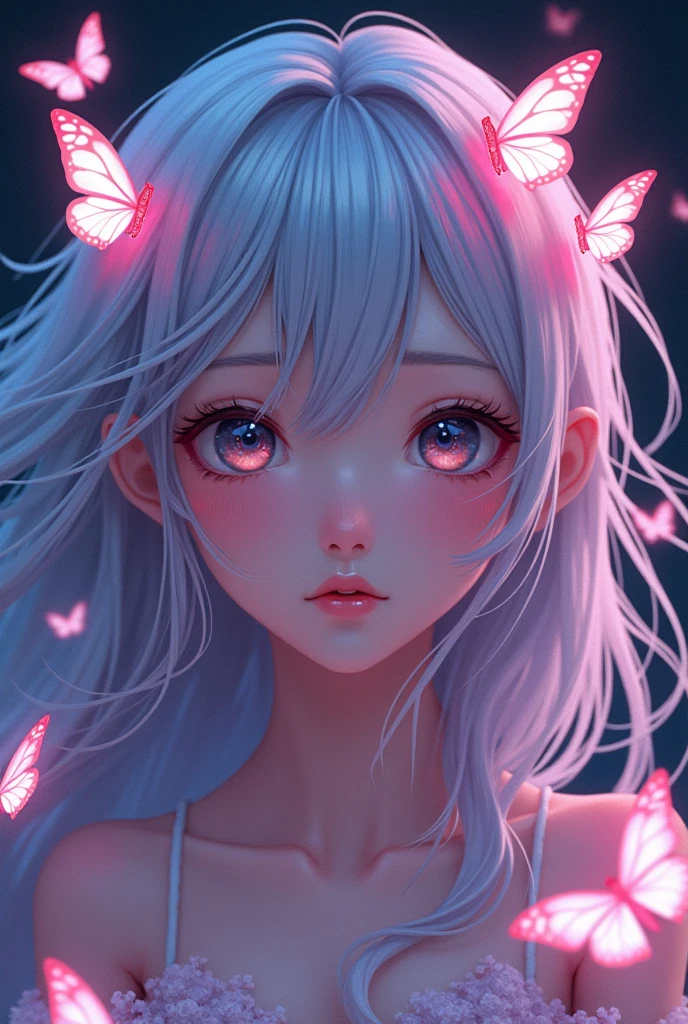 beautiful anime girl with neon butterflies , beautiful, stunning, ultra HD,, ultra hd ,
