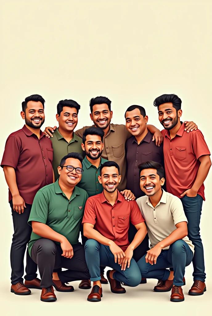 Create a caricature-style illustration featuring 11 Indonesian men posing together for a group photo. One of the men should be depicted with a larger, more robust body, adding a humorous and friendly touch to the scene. Each character should have distinct Indonesian facial features, traditional or casual clothing, and cheerful expressions. The overall tone should be light-hearted, celebrating diversity and friendship among the group."







