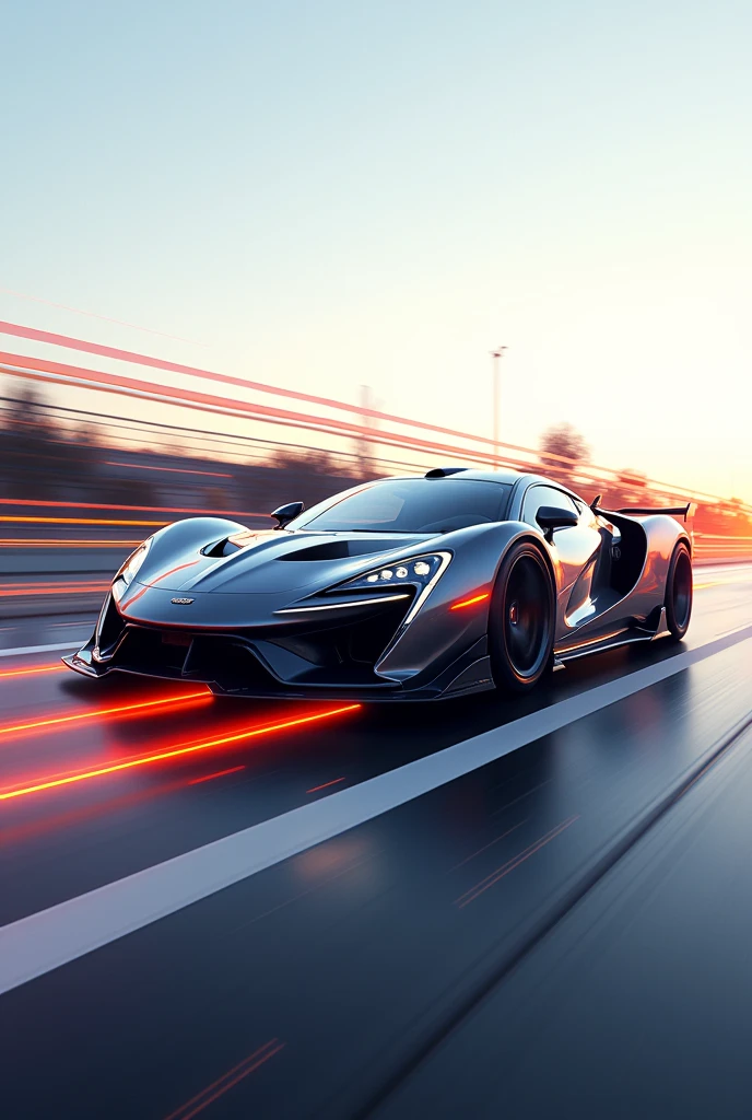 The image shows a car moving at high speed on a road. Kinetic energy is represented by lines of motion coming out of the car.