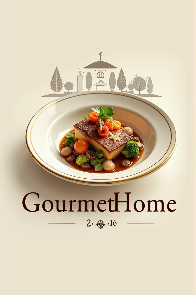 GourmetHome:
Image: A gourmet dish with a house in the background, perhaps with a gold rim to highlight the quality.
Text: “GourmetHome” with sophisticated typography.
Make an isologo