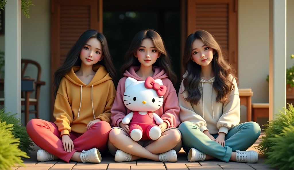 3 beautiful Indonesian adult women, the body is quite fat, loose hair, big nose, wear a hoodie, long pants, wear sneakers, all faces facing the front camera, sit down, hand holding a hello kitty doll, on the front porch of the village house, beautiful afternoon atmosphere, ultra details, minim diffect, realistic, 8k quality image