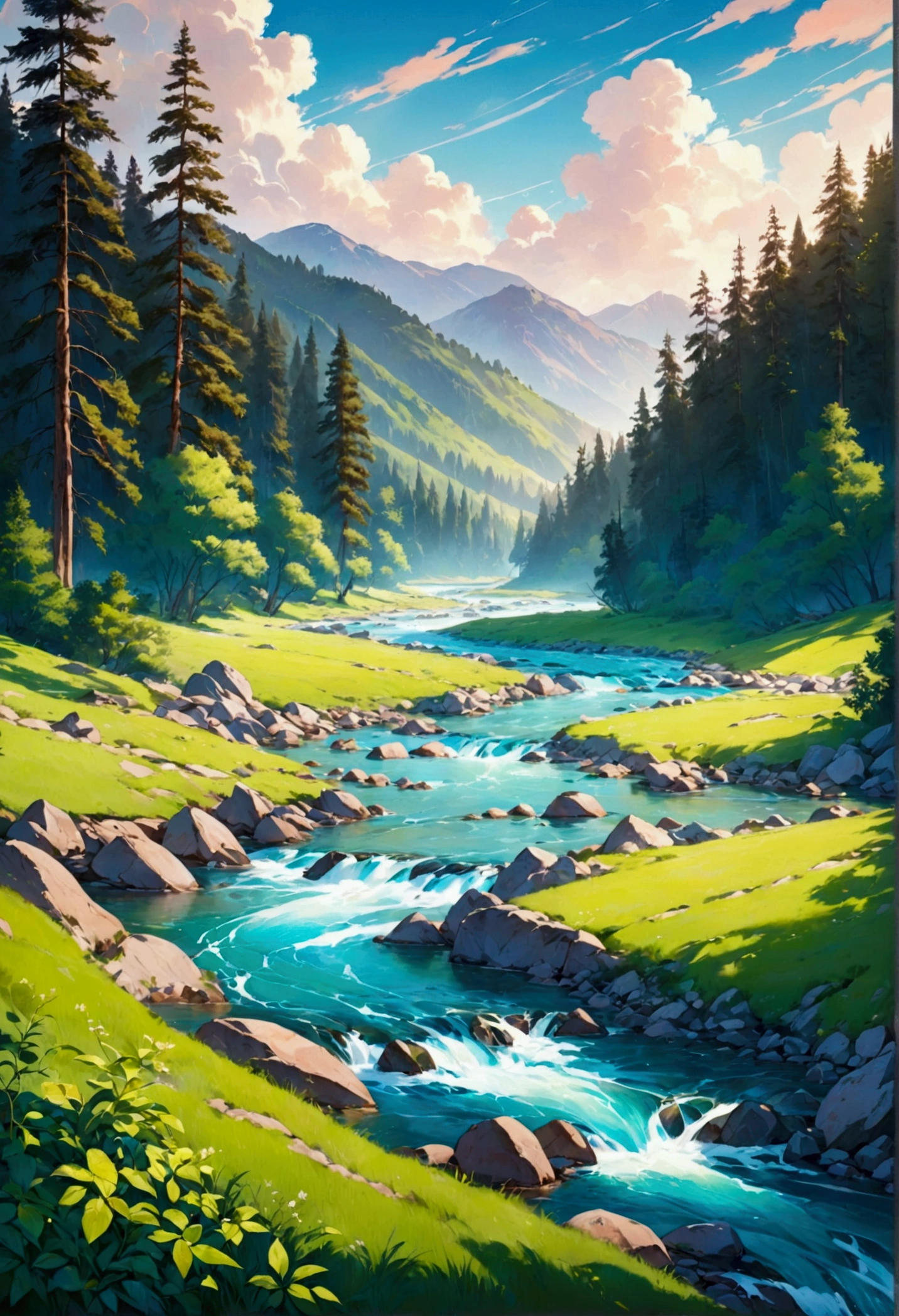 A dynamic landscape painting of a river flowing through a forest. The river is clear and has a gentle current. The forest is dense with trees on both sides of the river. The trees have broad leaves and are various shades of green. The ground is covered with green leaves. There are rocks in the river. The background contains mountains with a few trees. The overall image has a serene atmosphere.