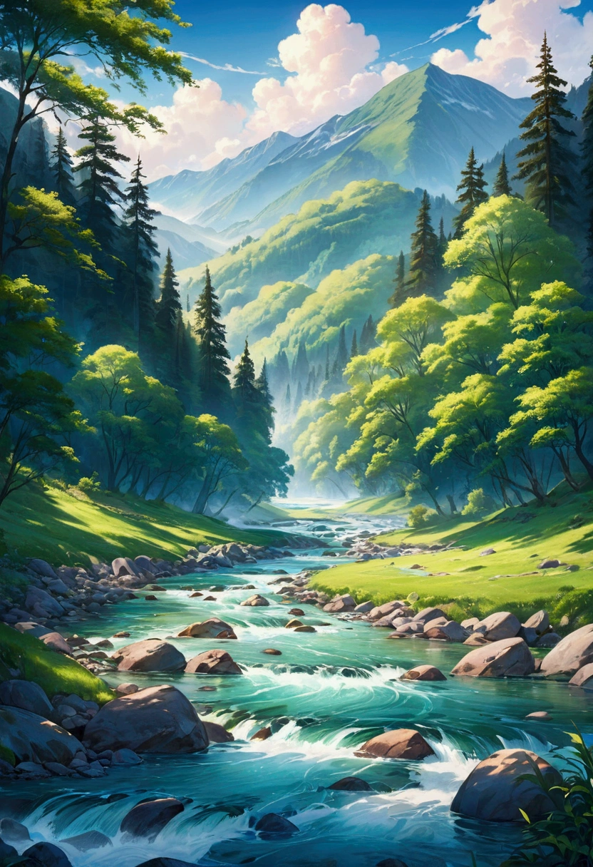 A dynamic landscape painting of a river flowing through a forest. The river is clear and has a gentle current. The forest is dense with trees on both sides of the river. The trees have broad leaves and are various shades of green. The ground is covered with green leaves. There are rocks in the river. The background contains mountains with a few trees. The overall image has a serene atmosphere.