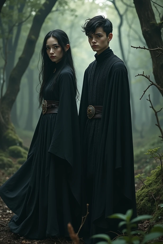make two twin brothers, a girl and a boy, they are .
black hair she has long hair and he has short hair, black eyes pale white skin, she wears a black dress, and he wears black period men's clothing, they need to be intimidating
They are two wizards from the Middle Ages, they are in a medieval forest, they are next to each other