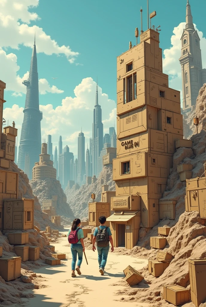 A model made of cardboard and cardboard of a technological city where there is a remote place like an area where technology is still arriving and there is a building that says &quot;came in blue&quot; and there are university students.