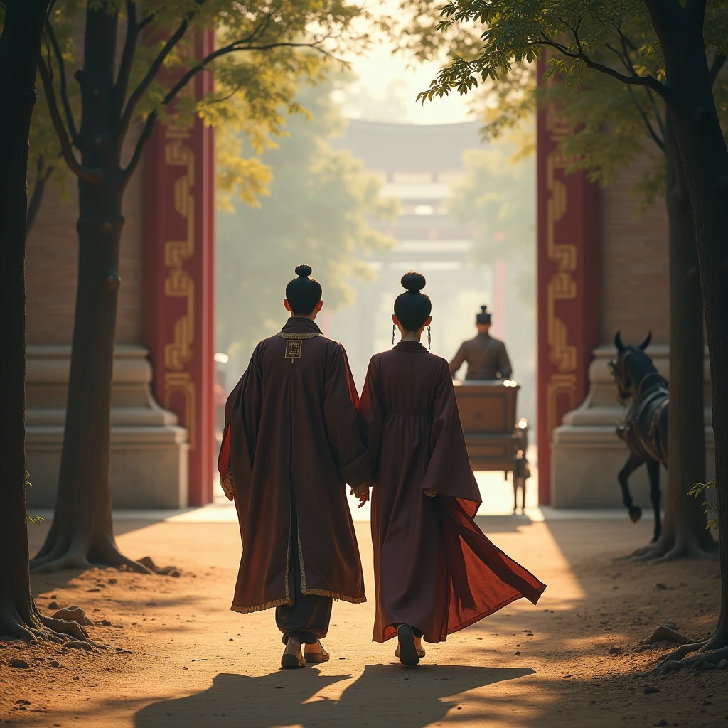 A virtual image of a young man with a bare face and a young woman with a goddess's face in full dark brown official regalia from the Han Fu Dynasty walking out of a deep forest. As they walked along a dirt path lined with trees on both sides, a large carriage with slender horses speeding approached. The young man and woman paused to look. The carriage had a driver in a powerful official uniform. The young woman led the young man along the crowded streets, until they arrived at a general's residence in the center of the city. The building was large and elegant with teak pillars decorated with beautiful patterns. The large doors were opened, revealing an atmosphere full of movement.