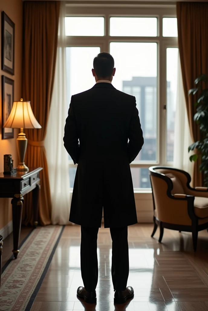 One business man wearing a coat on the luxury apartment 