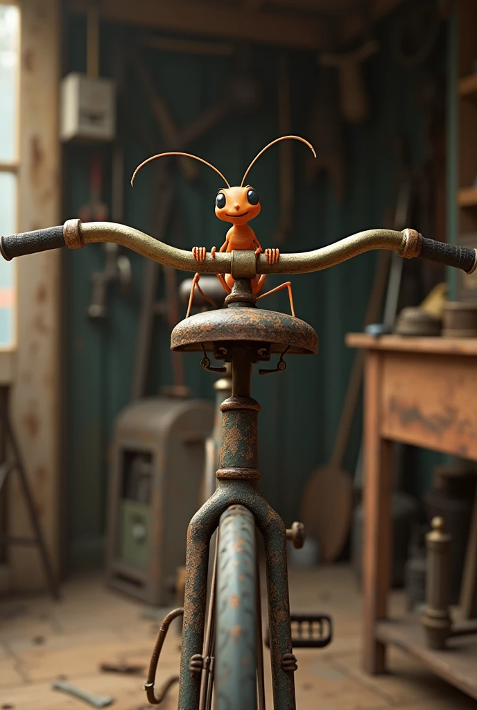 A ant sitting in a bike

