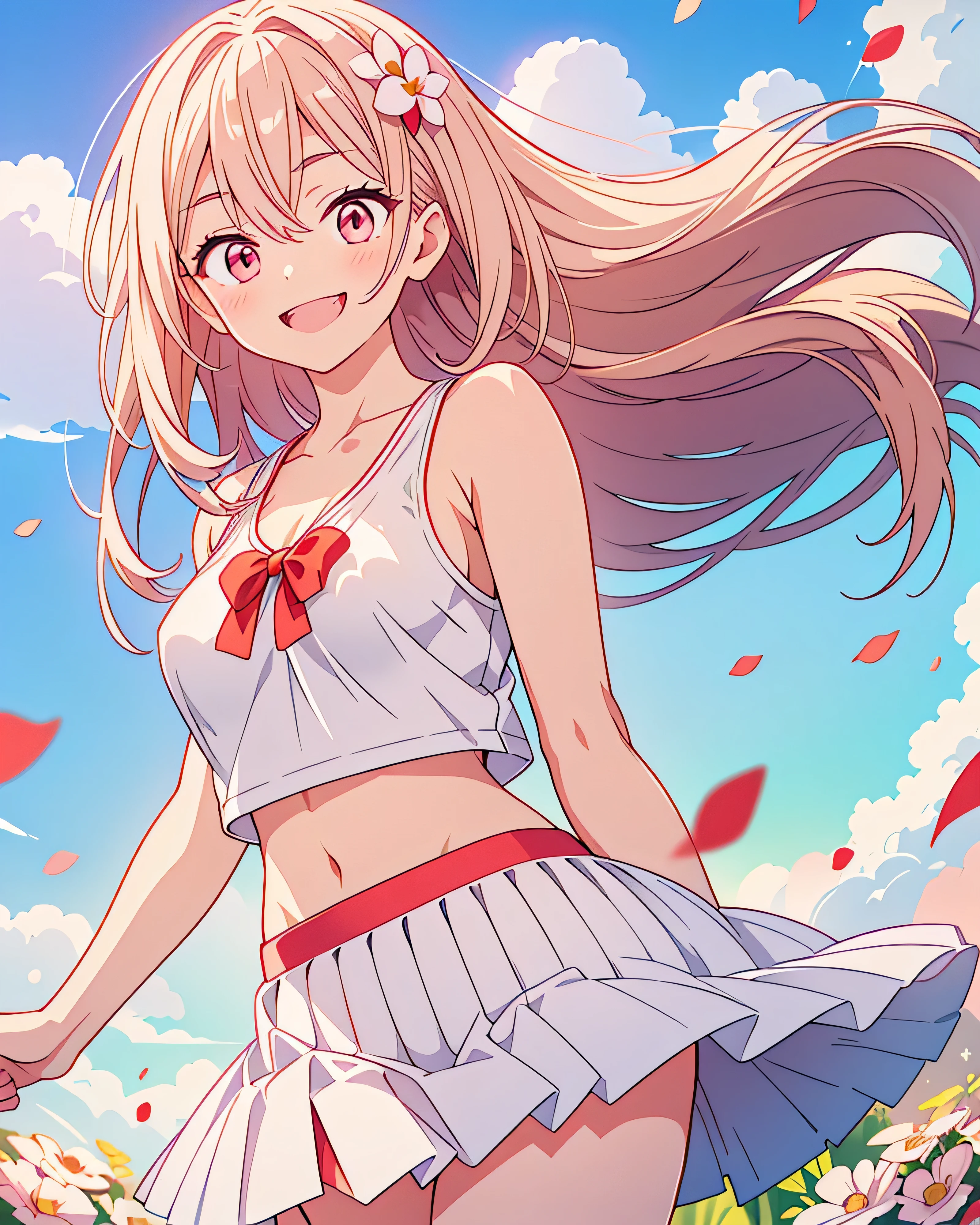 (Highest quality, 32K, High resolution, masterpiece:1.5, ), Illustration with anime touch, Rich emotional expression, An exceptionally beautiful face, Perfect Human Anatomy, Perfect hands, Thumb and4Finger, Cute Japanese Girl, High angle, Magic big eye, ((Mischievous smile:1.6)), Shiny beige hair, Super long straight silk hair swaying in the wind, Asymmetrical bangs, Hair between the eyes, transparent, Soft white skin, Sharp eyebrows, Thin lashes, Pale pink lips, (White tank top:1.2), ((Red mini skirt:1.2)), Slim figure and ample breasts, Beautifully detailed skies, ((Vibrant petal effect:1.2)), Professional models, mysterious