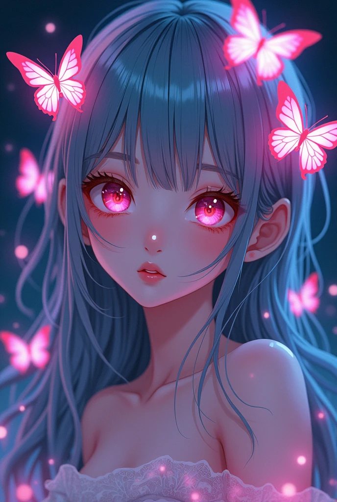 beautiful anime girl with neon butterflies , beautiful, stunning, ultra HD,, ultra hd ,