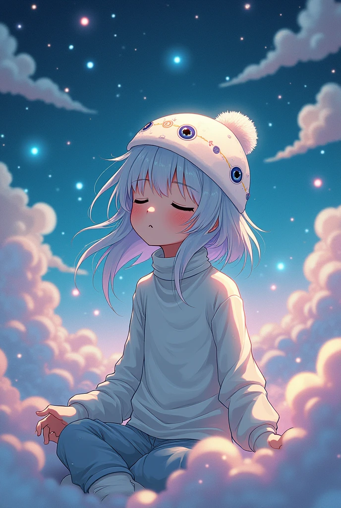 White hair Anime style waking up, face with eyes closed and no Mouth , cosmic eyed ushanka(whiter) hat, whiter turtle neck shirt, grunge cyber vamp y2k pants, boy.