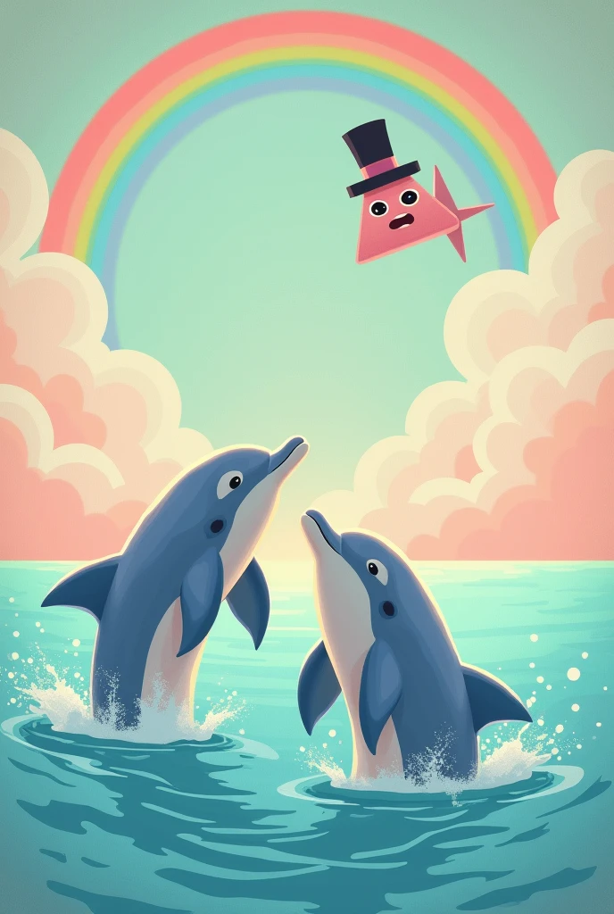Generates an image of two dolphins surfacing in pastel colors and Bill from Gravity Falls flying with a rainbow in the background with lots of details and pastel colors that looks like a poster