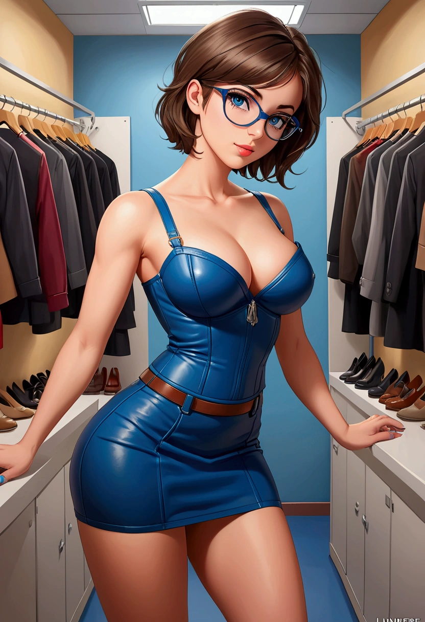 20 years old woman, Short brown hair, Méditerranéenne aux blue eye, Generous and heavy breasts, slender waist, definition of l&#39;estomac, fesses rebondies et pulpeuses, naturally curved, muscular thighs, aguicheuse, fitting room , blue eye, lunettes, leather skirt and bustier, talons, Selfie, side view, 