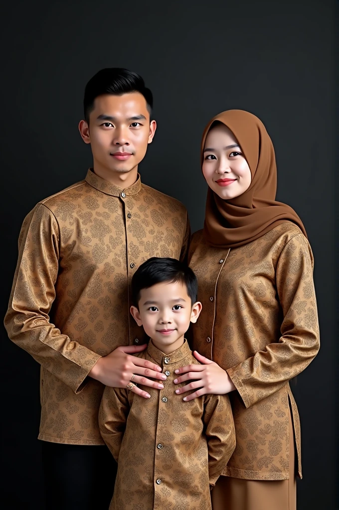 A 2 man with neat hair, a 2 woman wearing a hijab, a boy with neat hair, wearing the same batik shirt Begroun black