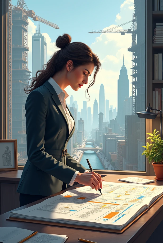 Image Idea: A woman architect drawing blueprints of a utopian city, with cranes and construction in the background.
