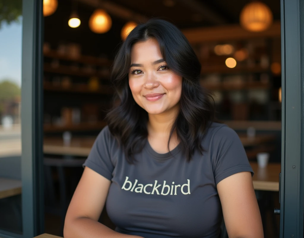 ((A woman sits in front of a café)),((cleavage)). 40k, Photography, Masterpiece, 38-years-old woman, Best quality, dark grey background, ((Mature women, Wife, Mom, A MILF)), Perfect face, ((1 girl with brown eyes and gorgeous light black hair)). a Pretty Mexican woman,full soft breasts, MILF, mom, t-shirt with the text "Blackbird". Ultra-detailed face, Detailed eyes, Embarrassed, Smile, Summer, Daytime, full body, dated, very pretty, some solver hair, nice breast, nice body, full body, cleavage
