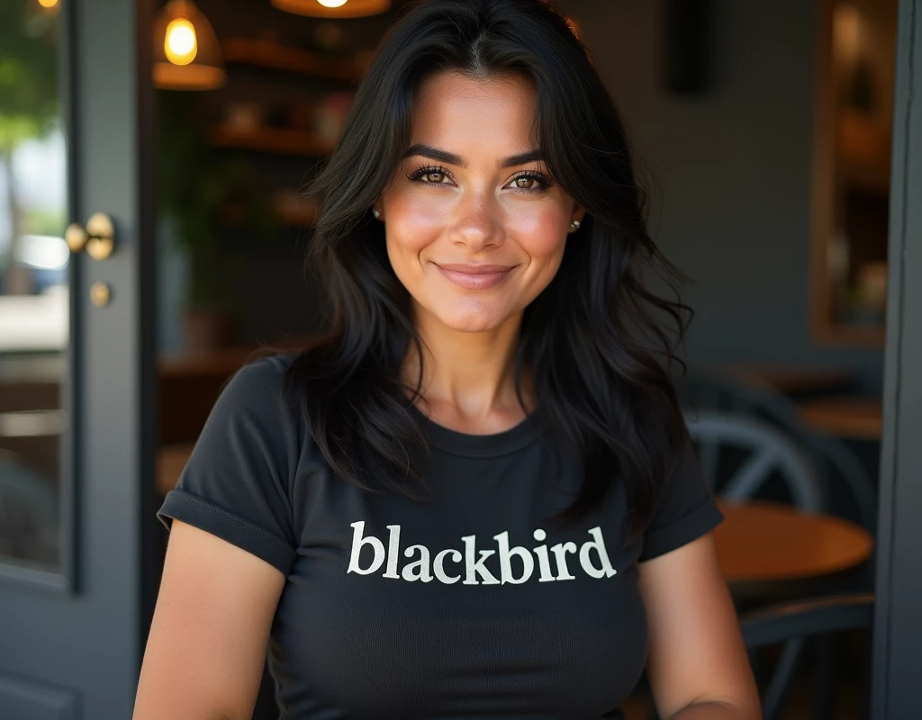 ((A woman sits in front of a café)),((cleavage)). 40k, Photography, Masterpiece, 38-years-old woman, Best quality, dark grey background, ((Mature women, Wife, Mom, A MILF)), Perfect face, ((1 girl with brown eyes and gorgeous light black hair)). a Pretty Mexican woman,full soft breasts, MILF, mom, t-shirt with the text "Blackbird". Ultra-detailed face, Detailed eyes, Embarrassed, Smile, Summer, Daytime, full body, dated, very pretty, some solver hair, nice breast, nice body, full body, cleavage