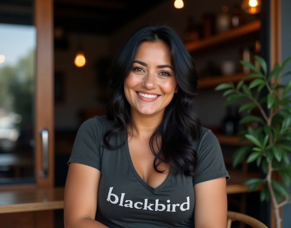 ((A woman sits in front of a café)),((cleavage)). 40k, Photography, Masterpiece, 38-years-old woman, Best quality, dark grey background, ((Mature women, Wife, Mom, A MILF)), Perfect face, ((1 girl with brown eyes and gorgeous light black hair)). a Pretty Mexican woman，full soft breasts, MILF, mom, t-shirt with the text "Blackbird". Ultra-detailed face, Detailed eyes, Embarrassed, Smile, Summer, Daytime, full body, dated, very pretty, some solver hair, nice breast, nice body, full body, cleavage