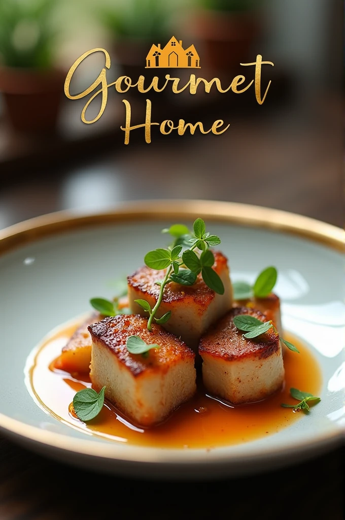 GourmetHome:

Image: A gourmet dish with a house in the background, perhaps with a gold rim to highlight the quality.
Text: “GourmetHome” with sophisticated typography.

Make an isologo