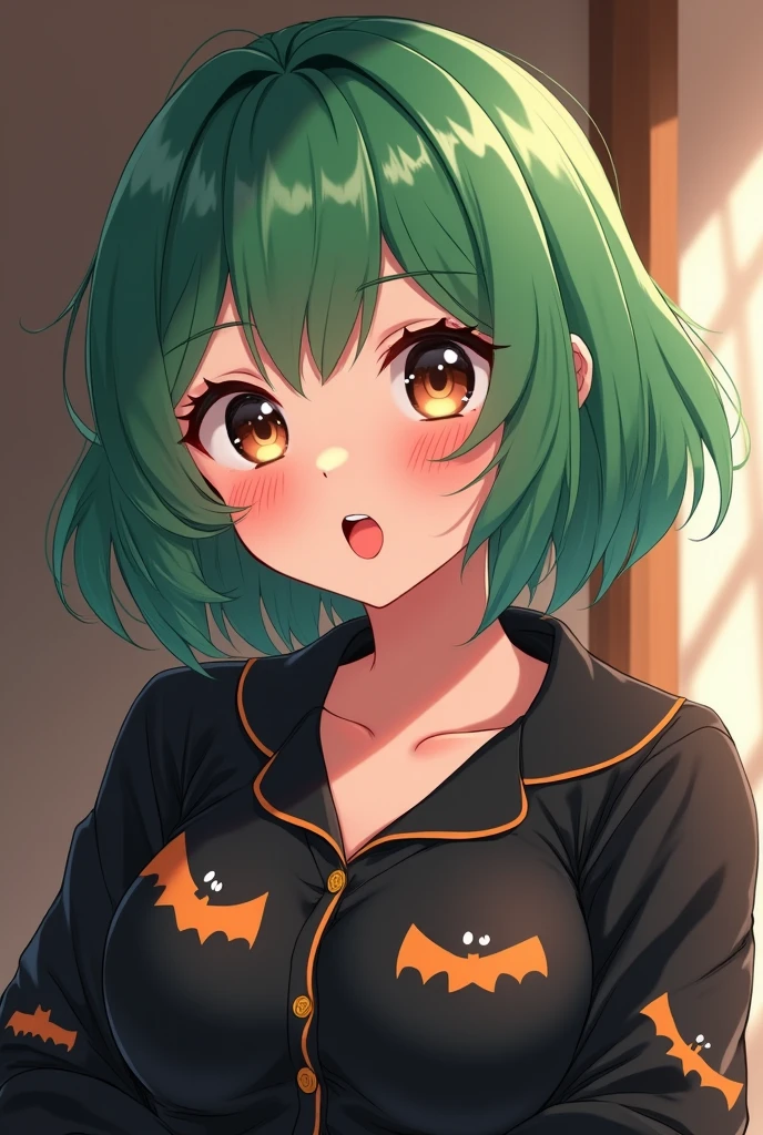 a anime woman with short dyed green hair with bangs, chubby body, fair skintone, some light pimples on the face, brown eyes, actually strong body, 5'4 ft tall, almost pale skin, sleepy/puppy eyes, dark circles, plump heart shaped lips, doll nose, curvy body, using a black bat pajama