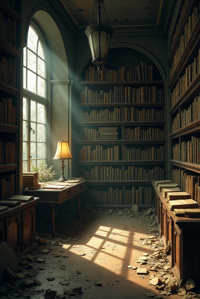 Abandoned Library**: "A dusty, forgotten library inside the mansion, filled with ancient books and scrolls. The shelves are covered in cobwebs, and the pages of the books are yellowed with age. A single, dim lamp casts long shadows, creating an atmosphere of mystery and decay."