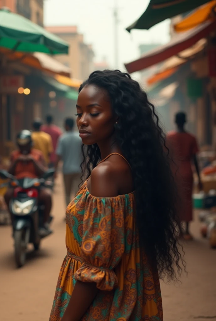 Black woman. Long black hair. Very mindful. Very Demure.  Standing in a street in Africa.Ultra high resolution.