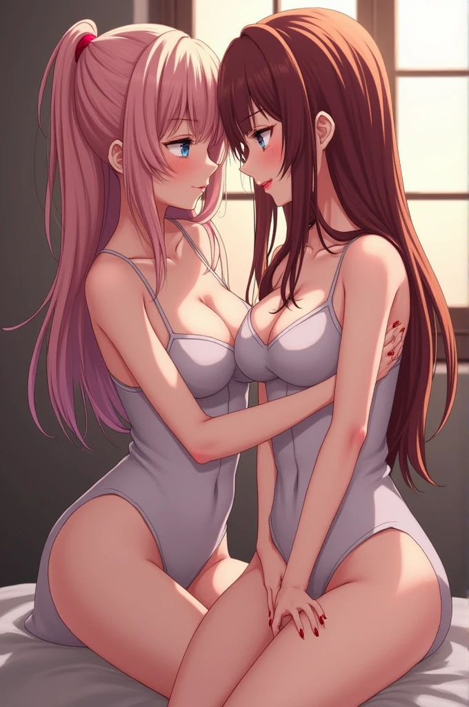 NSFW:1.3Best Quality,High resolution,8k,finelity detailed background,Masterpiece:1.2),(Two Beautiful Girls 1.3),ディープKiss,The beautiful girl on the left has shiny pink hair.,asymmetrical hair,Beautiful pink eyes,Gentle look,A refreshing look,(smile)NUDE,The beautiful girl on the right has shiny brown hair.,asymmetrical hair,Beautiful brown eyes,Gentle look,A refreshing look,(smile)NUDE,Best quality,Best Quality,Aesthetic and aesthetic:1.2,Best details((Super detailed))(High-definition CG illustrations),Upper Body,(Cleavage:1.2)Slender body,night,moon,Bedroom,On the bed,smile,blush,cute,Scrounge,Looking up,Being spoiled,super model,(nsfw:1.2), (How:1.5), (sweat:1.2), (steam:1.2),kissing,Kiss