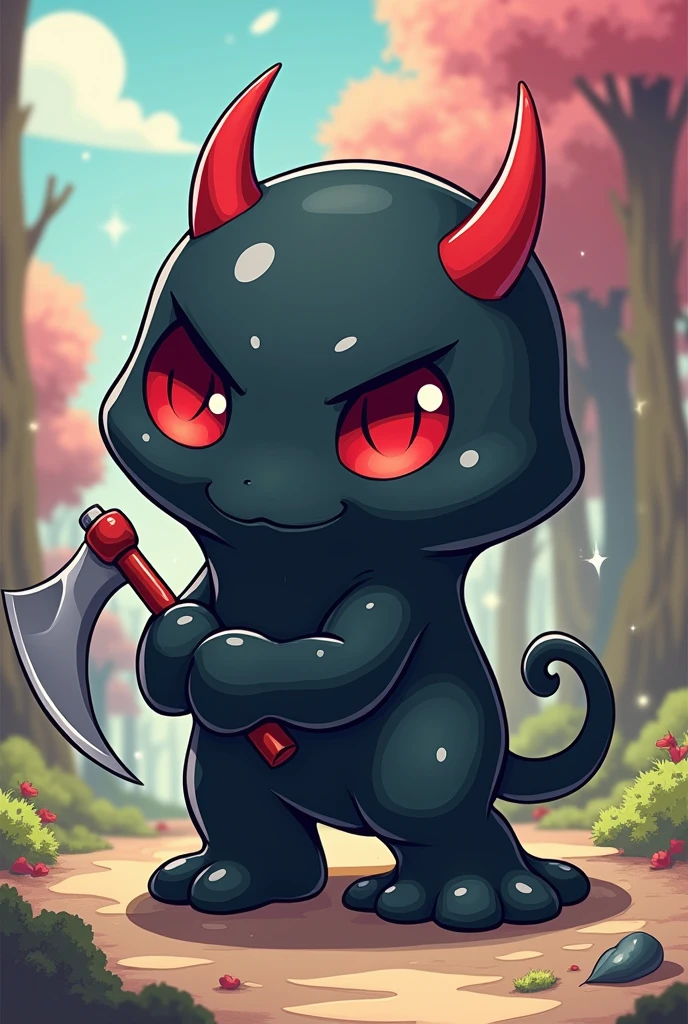 Manga cartoon character, black slime, red horns, small red tail, two hands, two legs, holding a sickle, cute.
