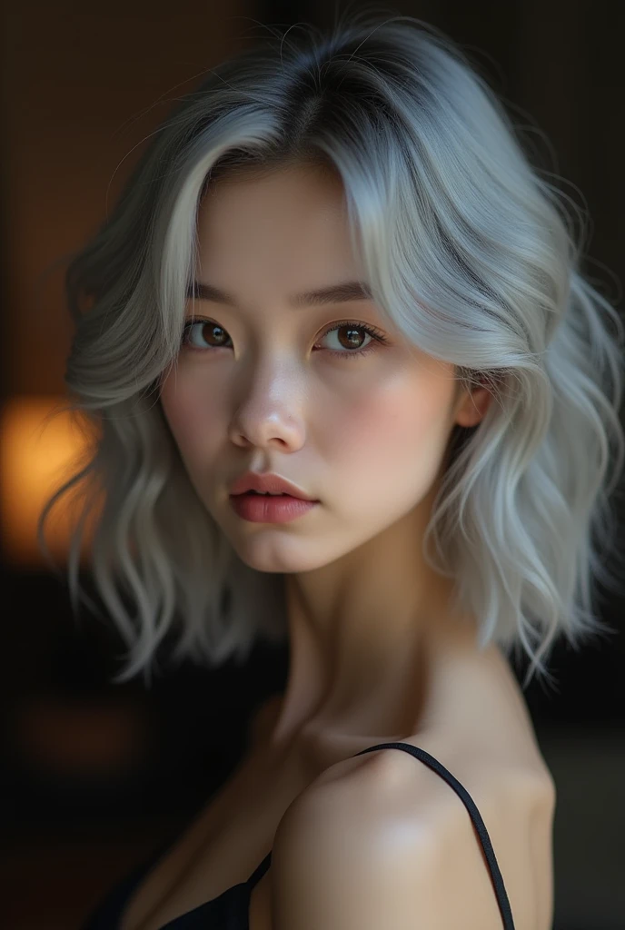 woman with short white hair,skin fair,wearing lingerie