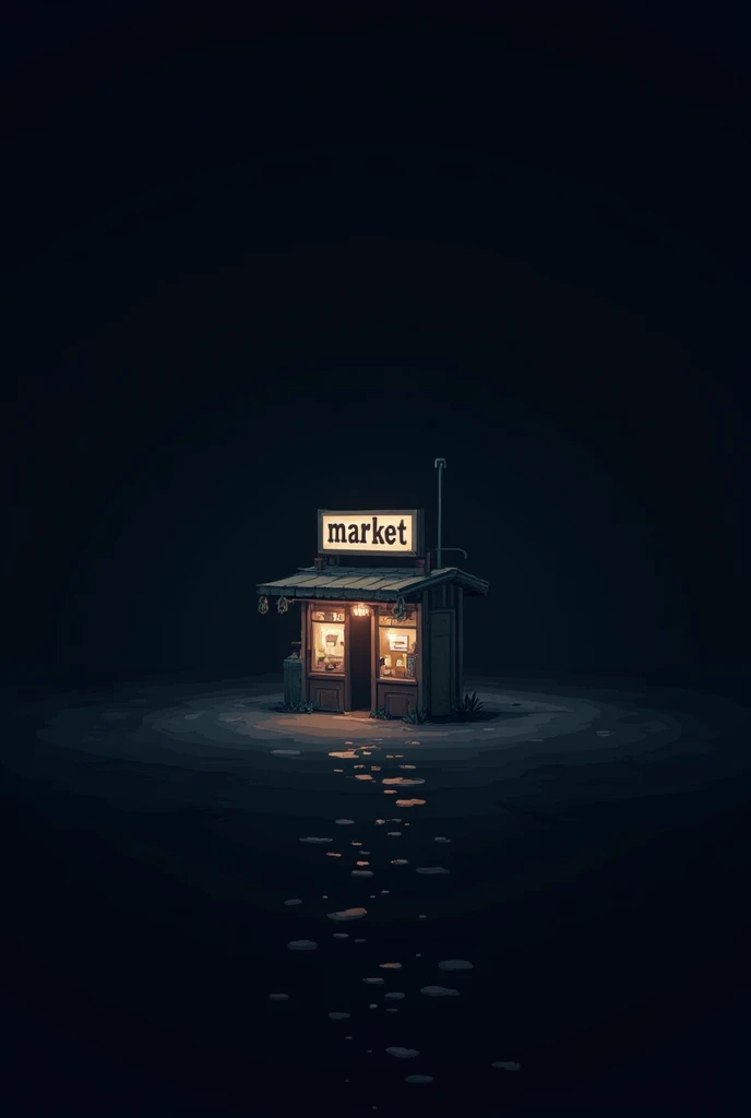 An art in pixel art style, with a solitary market positioned in the center of the image. The market is small, with a simple facade, having an illuminated sign that says "Market". The building is detailed with doors and windows, and there is a faint interior light emanating from the windows, suggesting that it is open.
Around the market, everything is dark and empty. The background is a deep black, no other visible elements, creating a strong contrast with the market lighting. The darkness around reinforces the feeling of isolation, highlighting the market as the only point of light in the void. Small details of shadows and lights should be used to give realism to the scene and emphasize the lonely and mysterious atmosphere.. all art in pixels