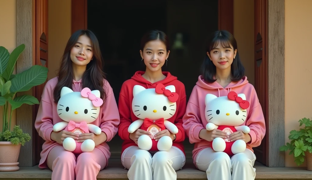 3 beautiful Indonesian adult women, loose hair, big nose, wear a hoodie, long pants, wear sneakers, all faces facing the front camera, sit down, hand holding a hello kitty doll, on the front porch of the village house, beautiful afternoon atmosphere, ultra details, minim diffect, realistic, 8k quality image