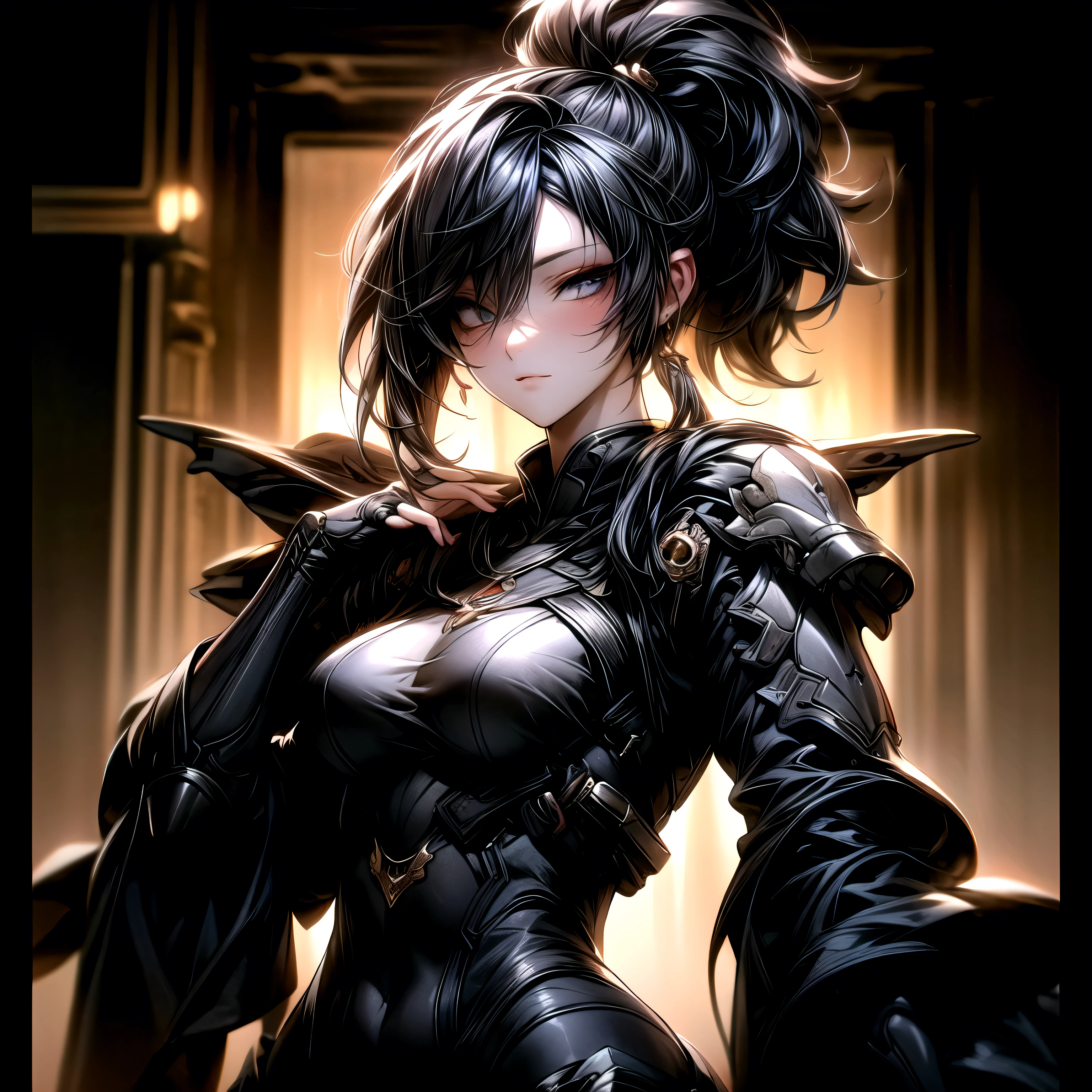 (best quality)), ((Masterpiece)), (details:1.4), 3d, HDR (high dynamic range), an image of a beautiful cyberpunk female, Hips up, Fantasy, medieval, Sleek style, Black hair, High ponytail, beautiful White eyes, จมูกโด่ง, ปากแดง, หน้าอกใหญ่, nvidia RTX, PBR surface, After processing, Anisotropic filtration,depth of field, Maximum clarity and clarity, multi-layered surface, Subsurface scattering, perfect proportions, 8K raw files, ultra detailed, Perfect proportions, volumetric lighting, soft lighting, Holy Paladin, Heavy Armor, glossy skin, city background, jewely, ต่างหู, นิ้วมือสมบูรณ์,