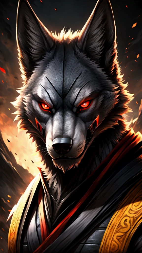 A antropomorfic wolf with fur color gray, eyes red like a mortal kombat character