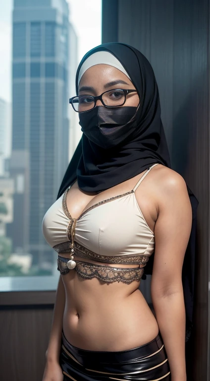 cowboy_shot,(iu:0.8),cleavage, RAW, Best quality, high resolution, Masterpiece: 1.3, Beautiful glasses pearl_skinned hijabi javanese wearing sexy futuristic top and mini skirt, Masterpiece, Soft smile