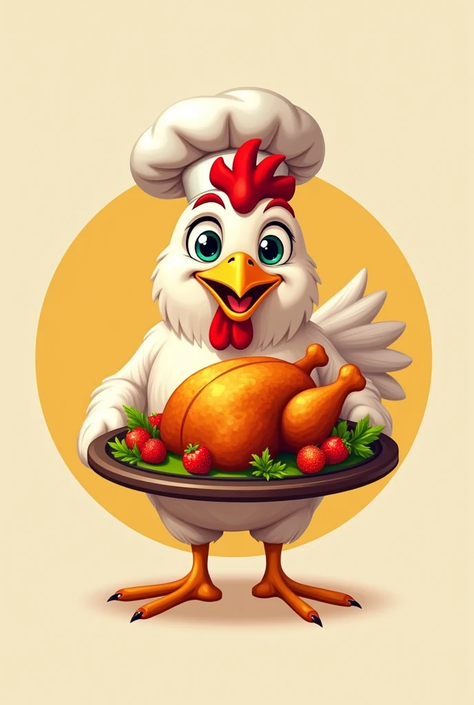 Create a logo mascot for a roast chicken delivery company in Sorriso. The mascot should be a friendly and cheerful chicken wearing a chef's hat., holding a delicious golden roast chicken on a tray. The chicken must have a welcoming smile, bright eyes and be designed in a way that is both playful and professional, attractive to families and food lovers. The color palette should include brown. O design geral deve ser simples, easily recognizable and suitable for use in packaging, signage and online platforms.