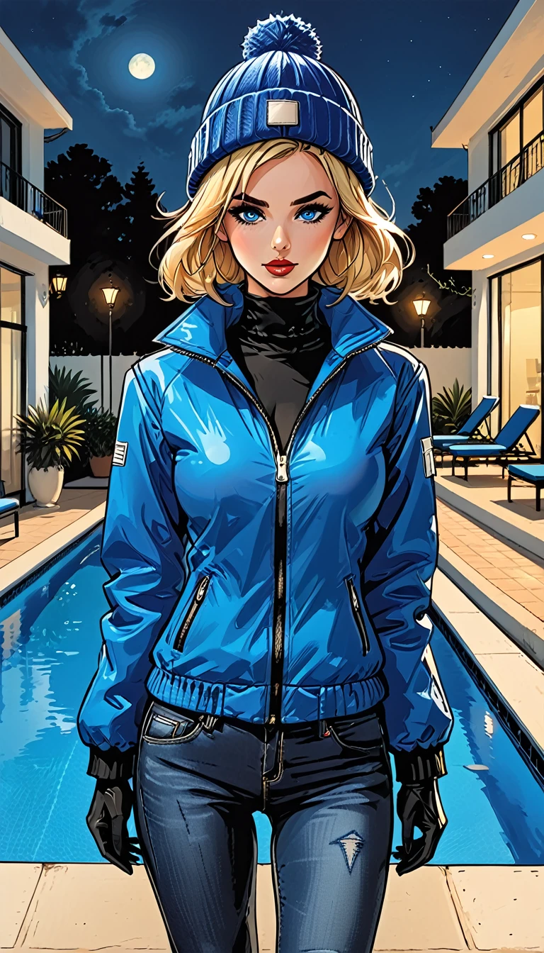 night, open mouth, dark, dark atmosphere,  ((girl in Blue zipped up down winter jacket and black turtleneck )) and (((jeans))) and blue gloves and (((blue winter hat)))) walking next to the pool at the white hotel, white hotel, pool, adult, [Nordic], Hourglass elongated fitness body, perfect Olive skin, Oval Face, Long neck, Rounded shoulders, perfect hand, Attached Pointed ears, round forehead, (Short blonde Waves pixie hair), snub nose, Arched eyebrows, ((Monolid blue Eyes)), High Round Narrow cheekbones, Dimpled Cheeks, Rounded Chin, Rounded Jawline, Full nude Lips, (blue eyes), Nude Makeup Look, long eyelashes,  long slim fitness legs, graphic style of novel comics, perfect hands, 2d, 8k, hyperrealism, masterpiece, high resolution, best quality, ultra-detailed, super realistic, Hyperrealistic art, high-quality, ultra high res, highest detailed, lot of details, Extremely high-resolution details, incredibly lifelike, colourful, soft cinematic light,