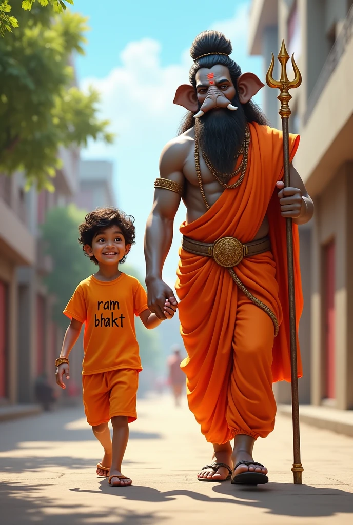 A  wearing an orange T-shirt with 'ram Bhakt' written on it is walking hand in hand with Lord hanuman , a majestic and traditional Hindu deity. The boy is smiling, looking content and happy. Lord hanuman is shown in his traditional form with an elephant head, holding a trident and blessing the boy. They are walking together on a modern city street against a backdrop of houses and trees. The scene is bright and colourful, reflecting a blend of tradition and modernity.