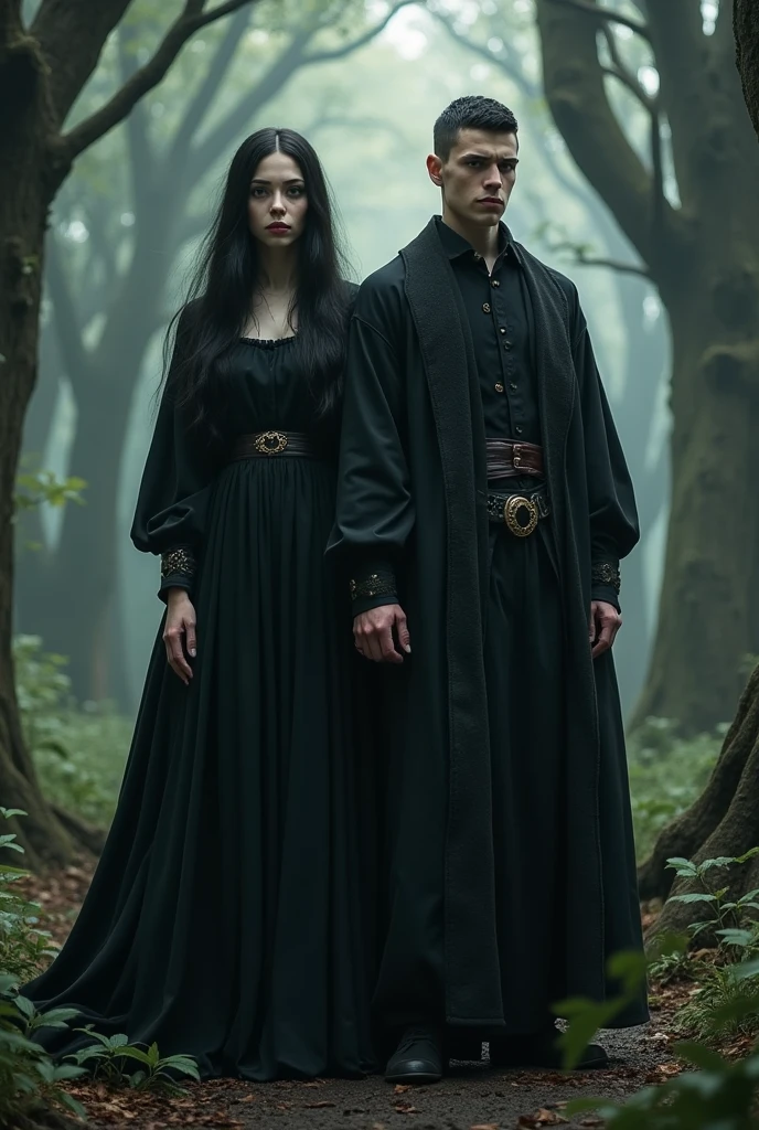 make two twin brothers, a girl and a boy, they are .
black hair she has long hair and he has short hair, black eyes pale white skin, she wears a black dress, and he wears black period men's clothing, they need to be intimidating
They are two wizards from the Middle Ages, they are in a medieval forest, they are next to each other 