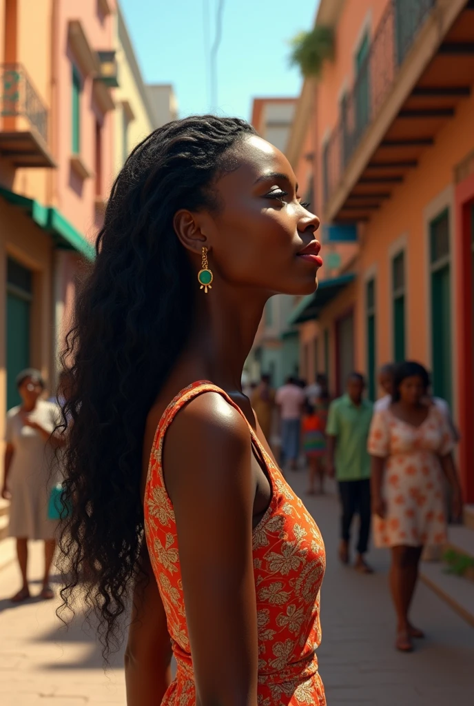 Black woman. Long black hair. Very mindful. Very Demure. Smiling. Standing in a street in Africa.Ultra high resolution.