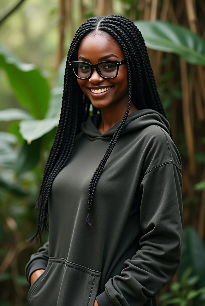 (photorealism:1.2),a black beautiful woman,22 years,sharp boobs,smiling,wearing a fitting hoodie,long braids,black oversized photo chromatic glasses with grey lenses, standing in nature, realistic details.cardi b inspiration