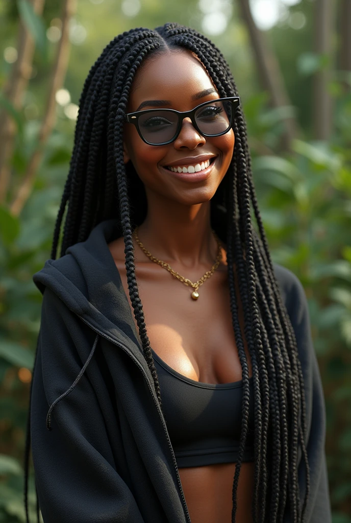 (photorealism:1.2),a black beautiful woman,22 years,sharp boobs,smiling,wearing a fitting hoodie,long braids,black oversized photo chromatic glasses with grey lenses, standing in nature, realistic details.cardi b inspiration