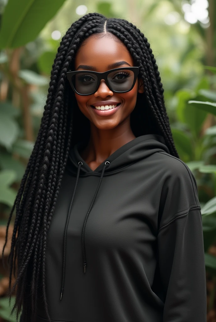 (photorealism:1.2),a black beautiful woman,22 years,sharp boobs,smiling,wearing a fitting hoodie,long braids,black oversized photo chromatic glasses with grey lenses, standing in nature, realistic details.cardi b inspiration 