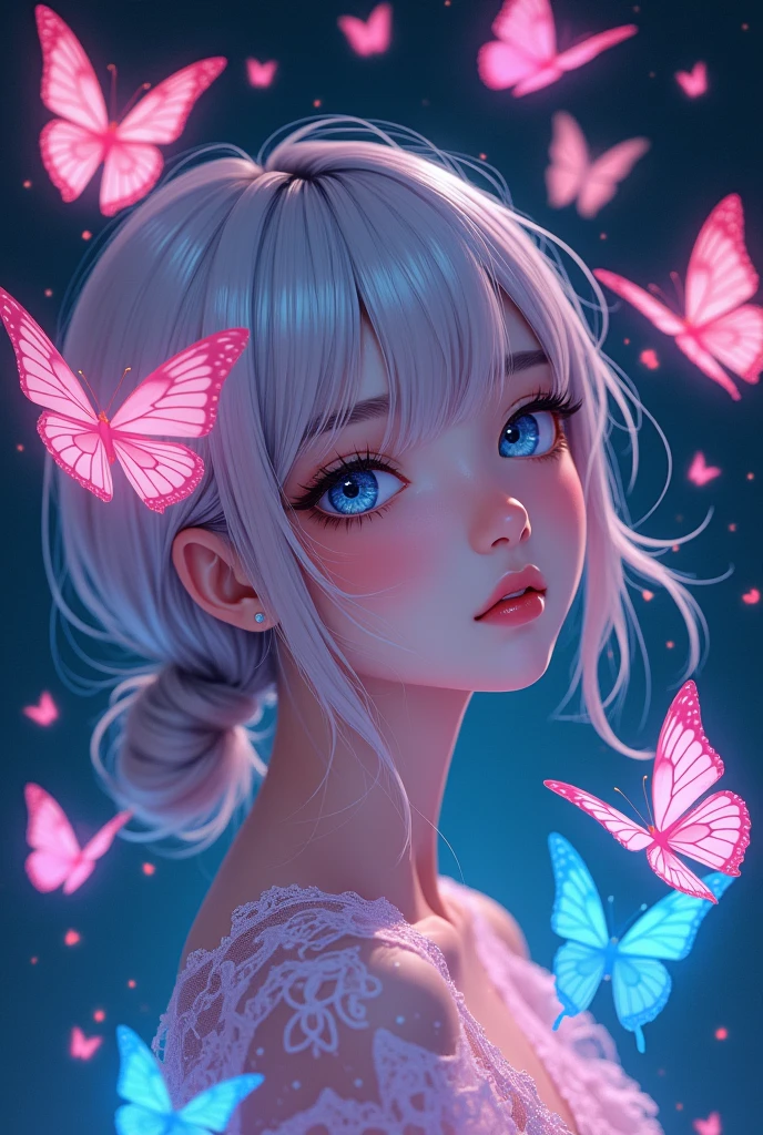 beautiful  anime girl with neon butterflies , beautiful, stunning, ultra HD,, ultra hd ,